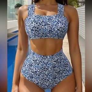 White & Blue Floral Print High-Waisted Bikini Set